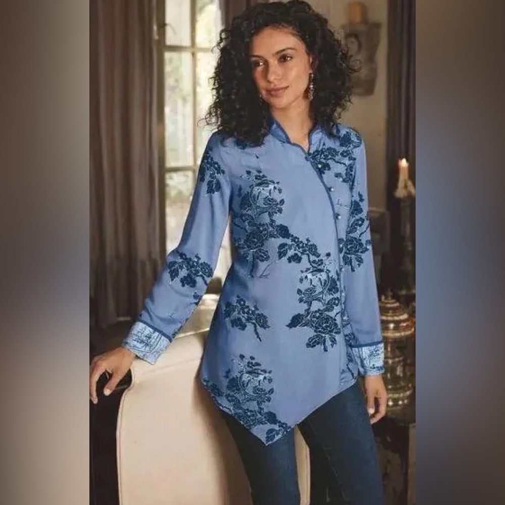 Soft Surroundings Blue Floral Asymmetrical Button Tunic Womens Size M Petite